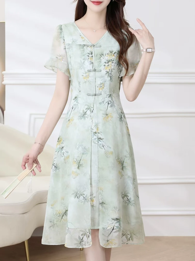 C711 气质短袖连衣裙洋气印花收腰显瘦中长款裙子女