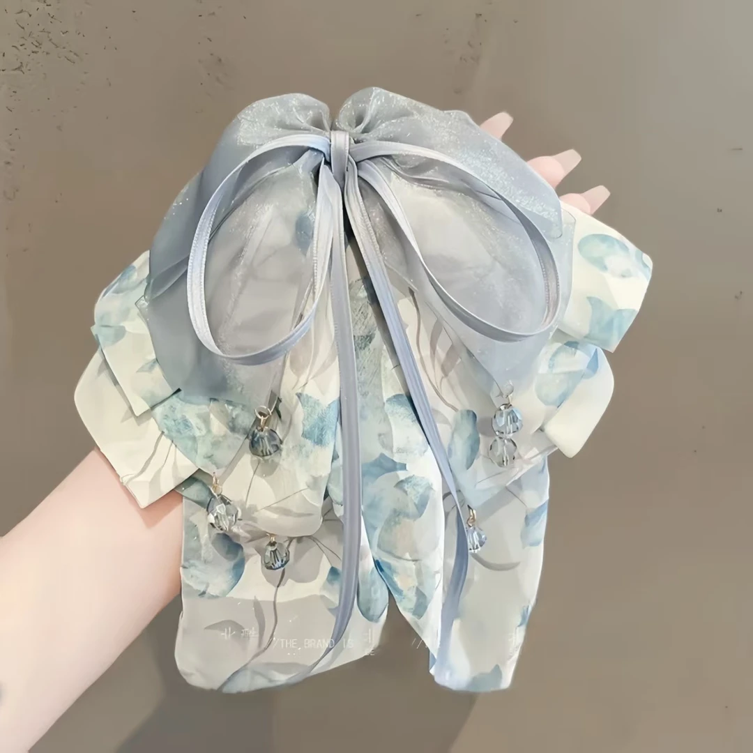 海盐蓝飘带蝴蝶结马尾抓夹女新款水晶点缀高颅顶时尚发抓