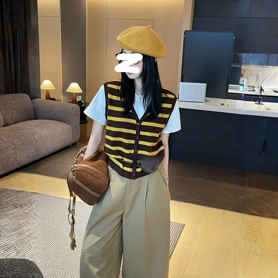 2025早秋显瘦时尚简约假两件针织条纹百搭针显瘦条纹针织开衫