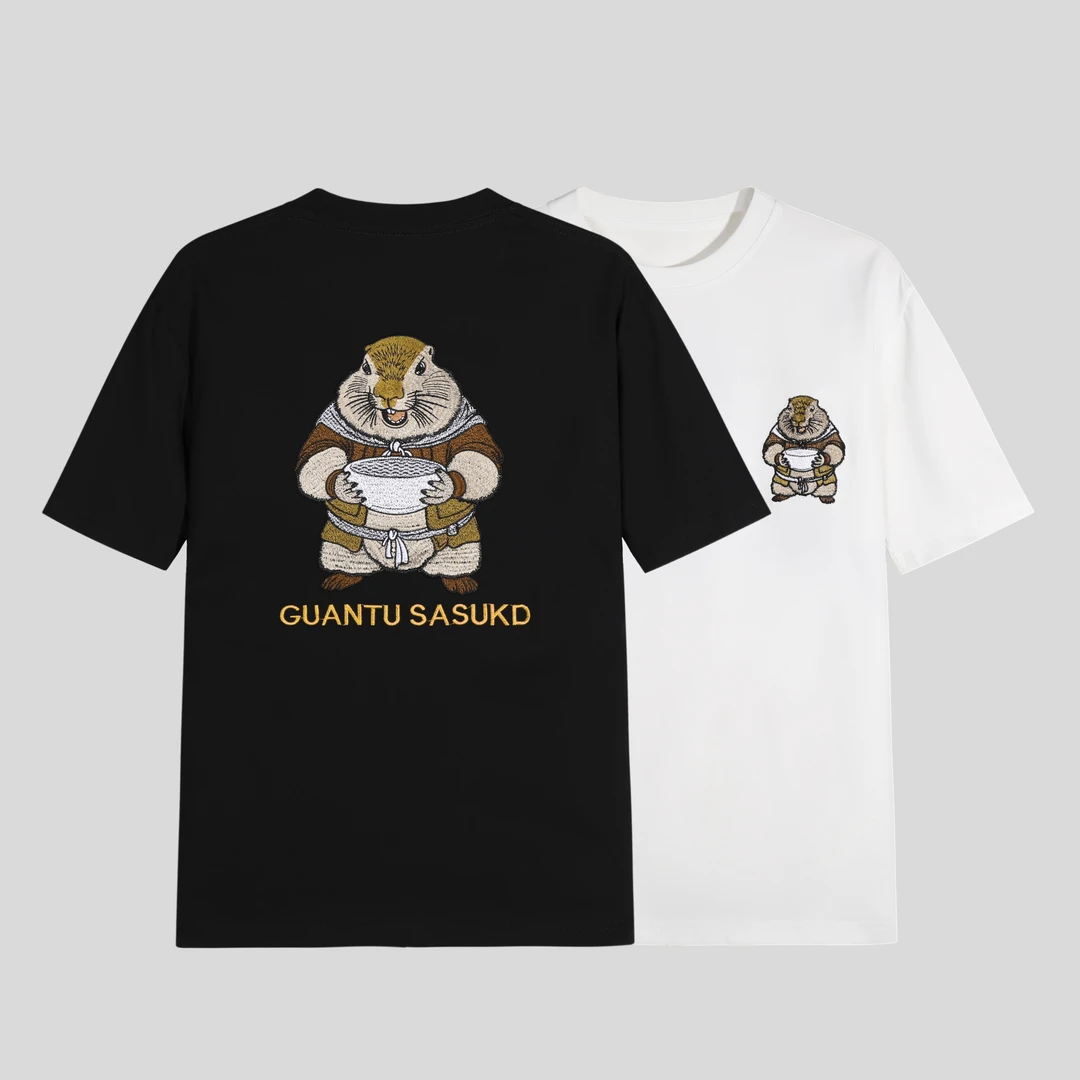 【花】夏季百搭黑白短袖国风土拨鼠捧碗刺绣T恤 y345