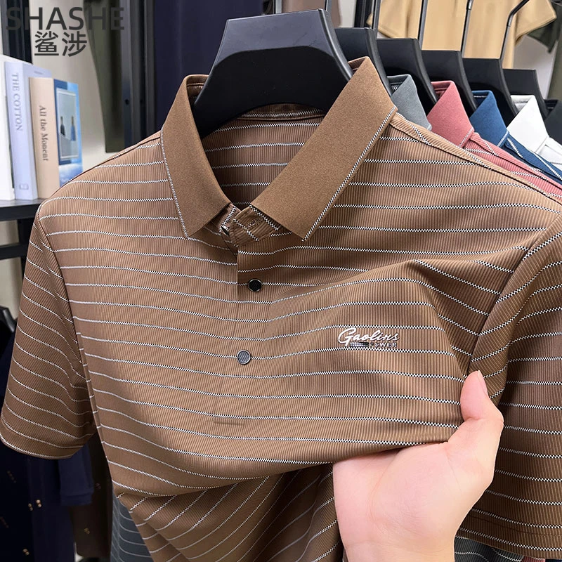 夏季薄款中年冰丝短袖POLO衫男休闲透气条纹上衣爸爸装翻领男T恤