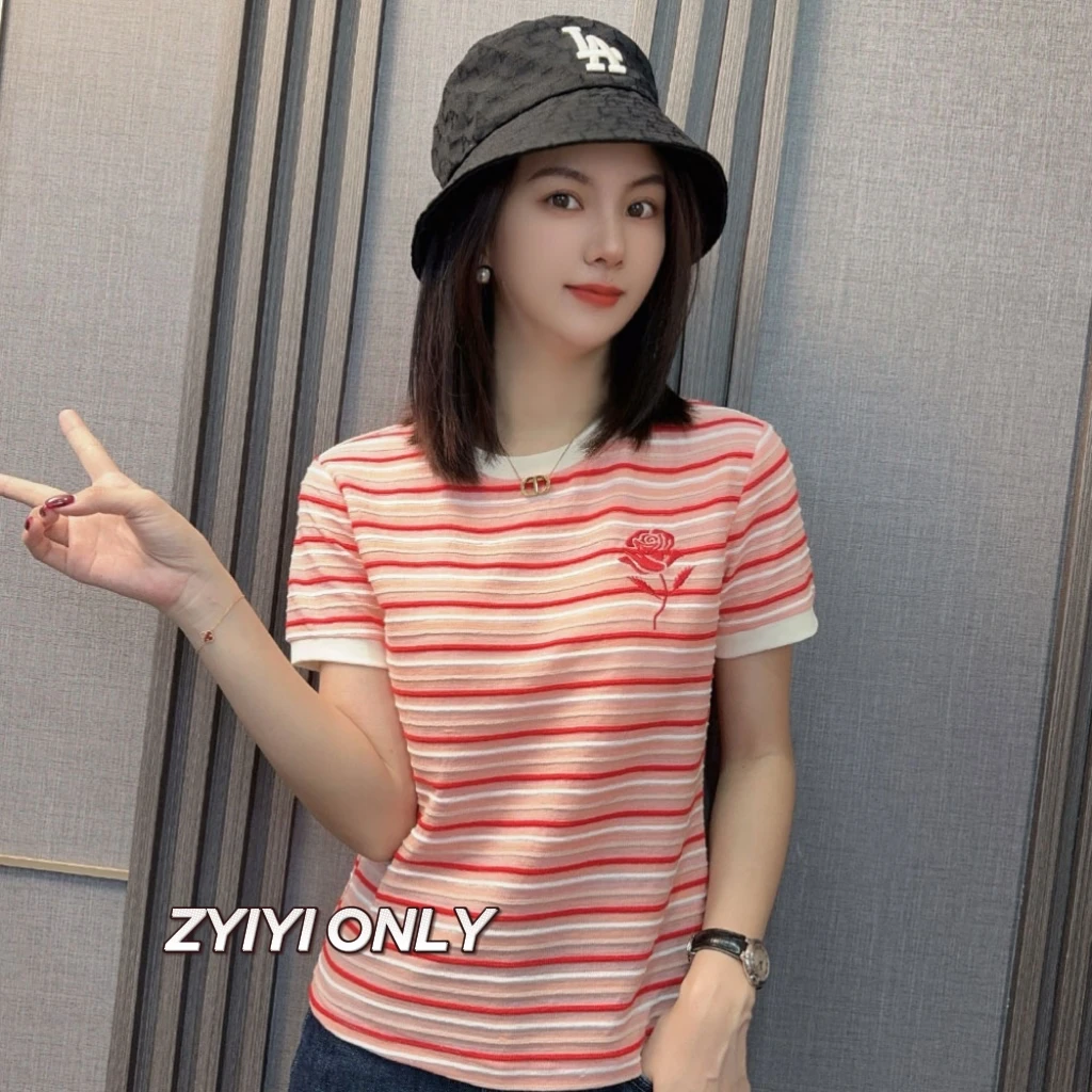 【绽放玫瑰】2025夏新款短袖T恤修身显瘦条纹休闲百搭上衣女