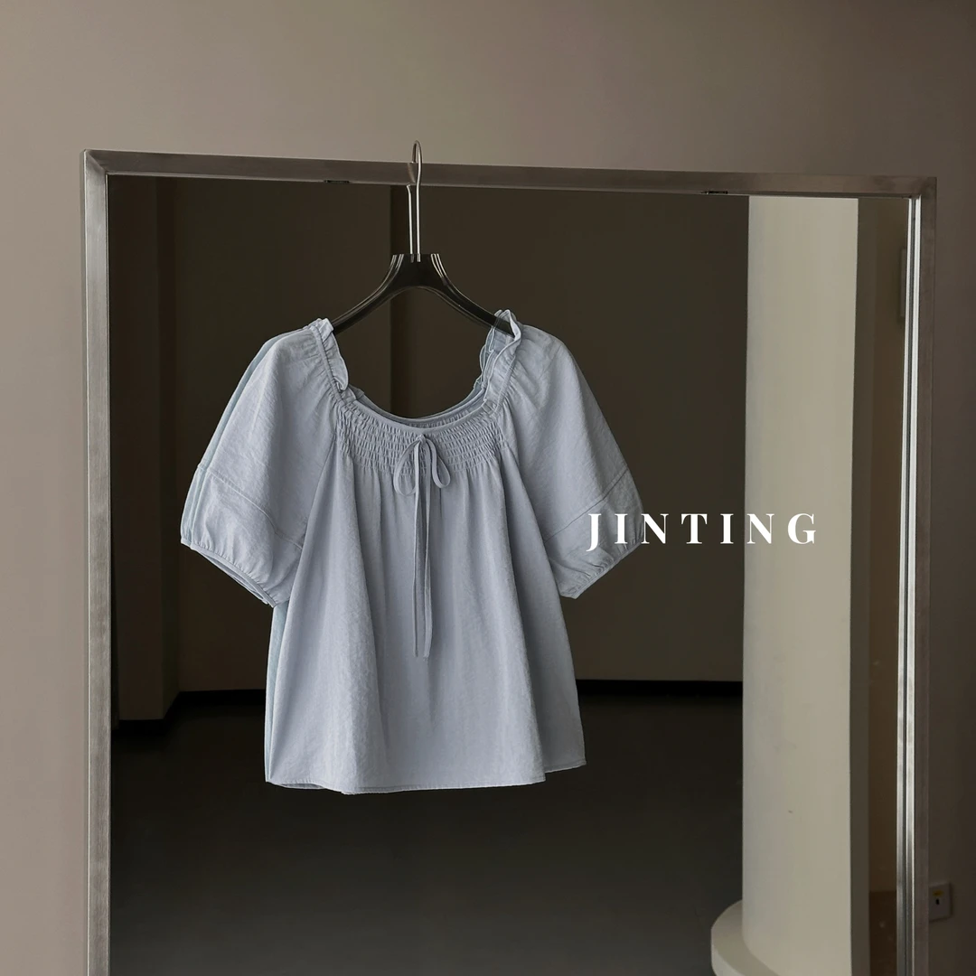 夏季韩系时尚花边方领蝴蝶结系带宽松显瘦短袖小衫-M25216346