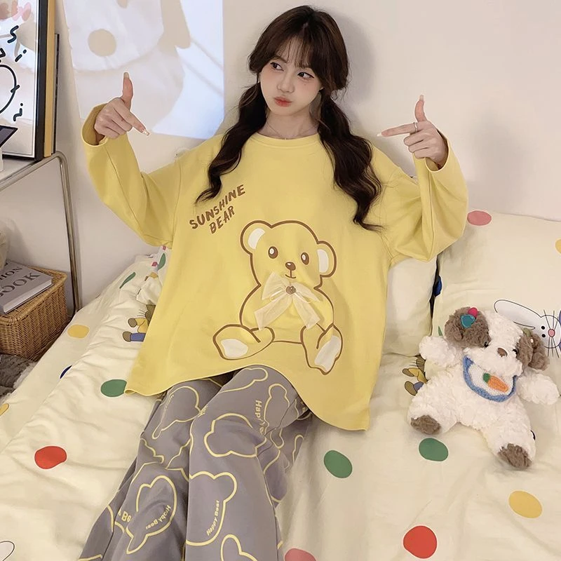 纯棉带胸垫睡衣女大码春秋款可爱可外穿学生开春萌女孩家居服套装