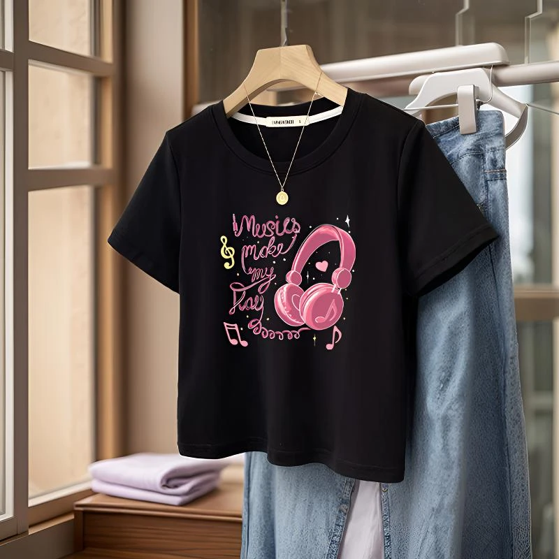 原创音乐耳机印花短款短袖T恤女2025早春新款ins时尚宽松百搭体恤