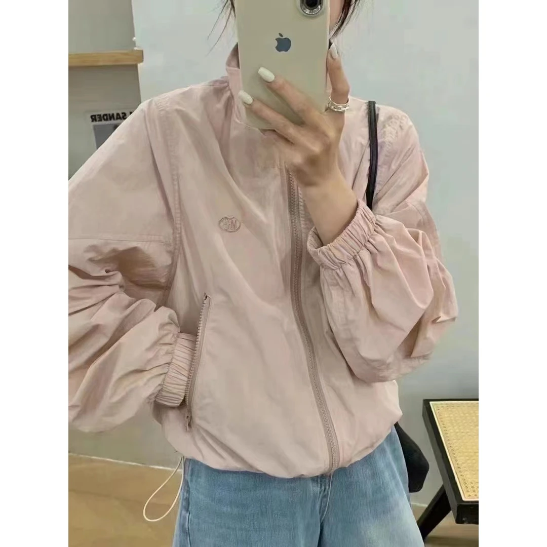 字母刺绣抽绳薄款防晒衣外套女2025春夏立领宽松显瘦休闲开衫上衣