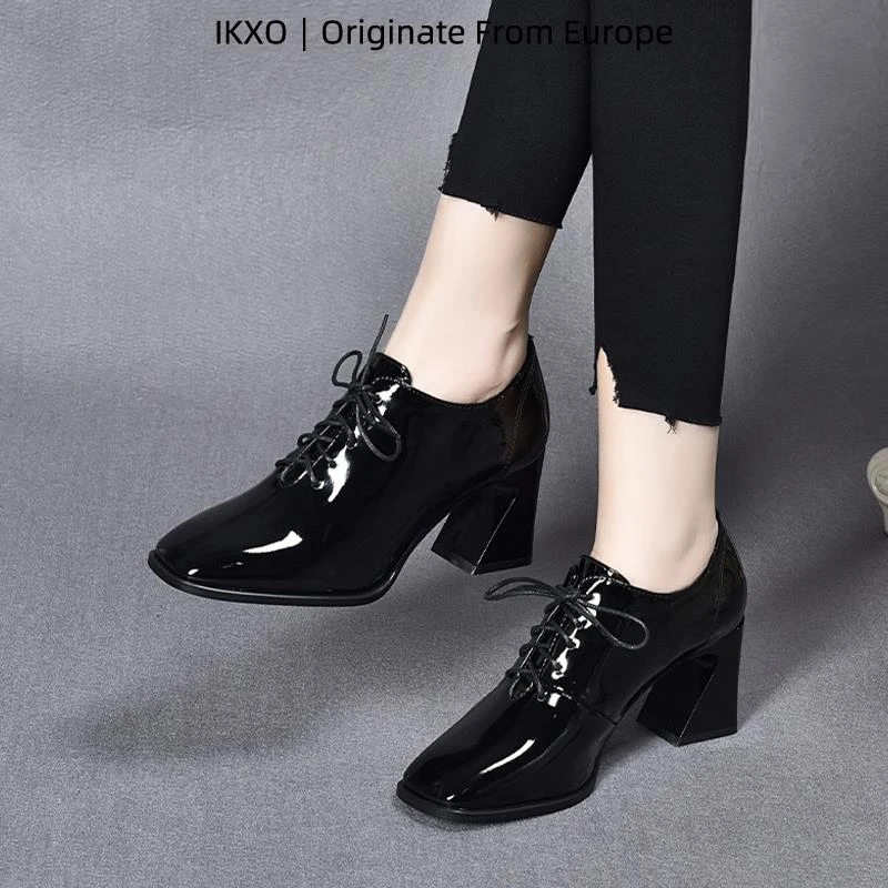 IKXO新款春季亮皮深口单鞋女粗跟高跟鞋春秋方头中跟小皮鞋漆皮