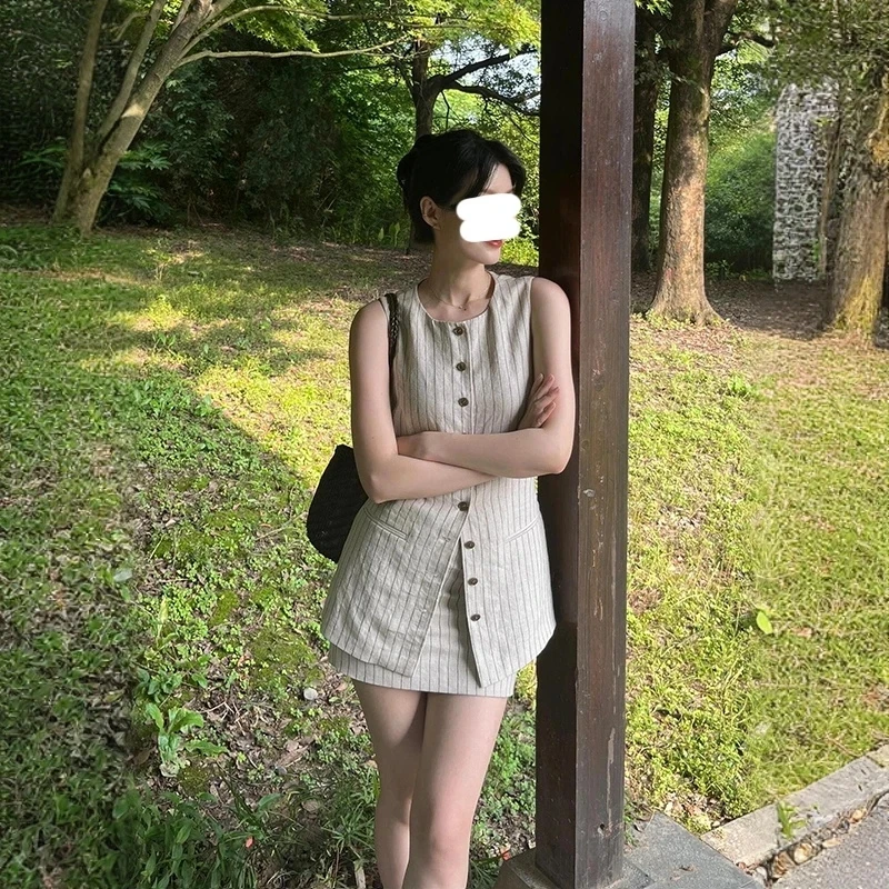 高智感提花条纹遮胯亚麻马甲女2025夏季修身显瘦气质背心半裙套装