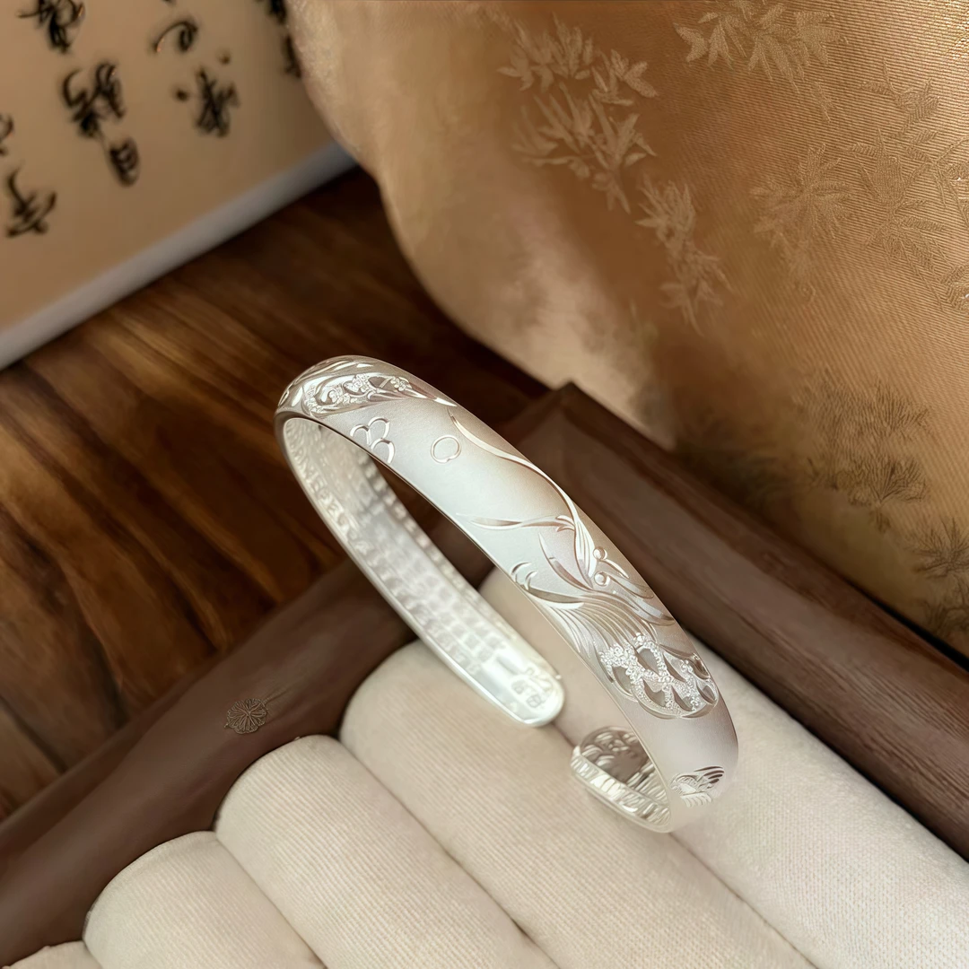 足银手镯 足银999.9【丹凤朝晖】心经开口实心纯银贵妃镯送妈妈