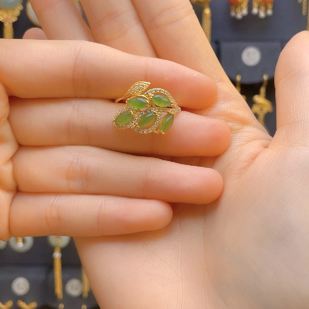 和田玉戒指银S925镀金镶嵌