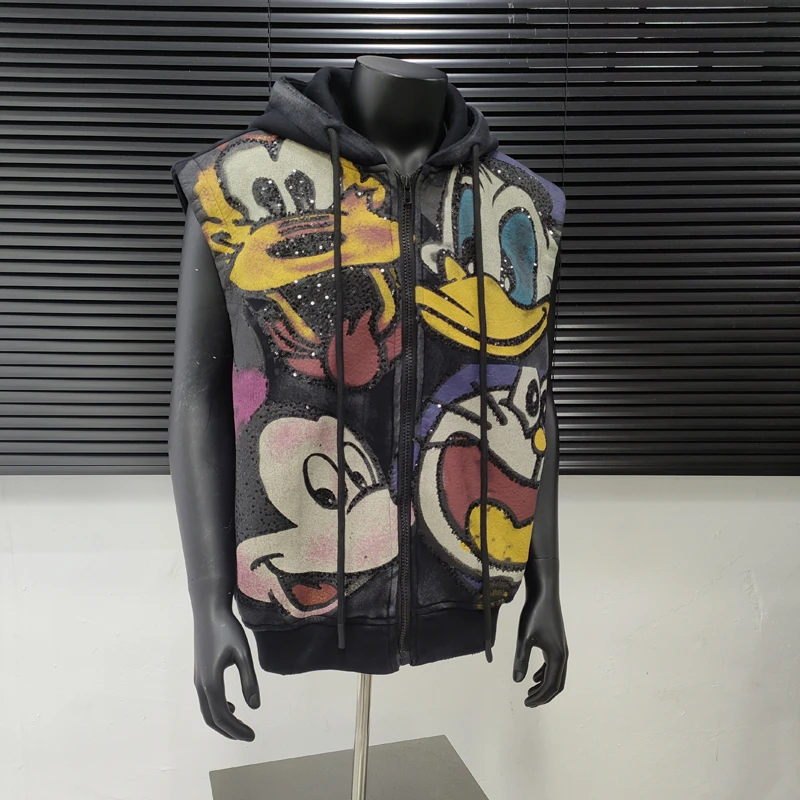 重工卡通亮片刺绣连帽马甲男秋冬新款美式嘻哈宽松开衫背心外套男