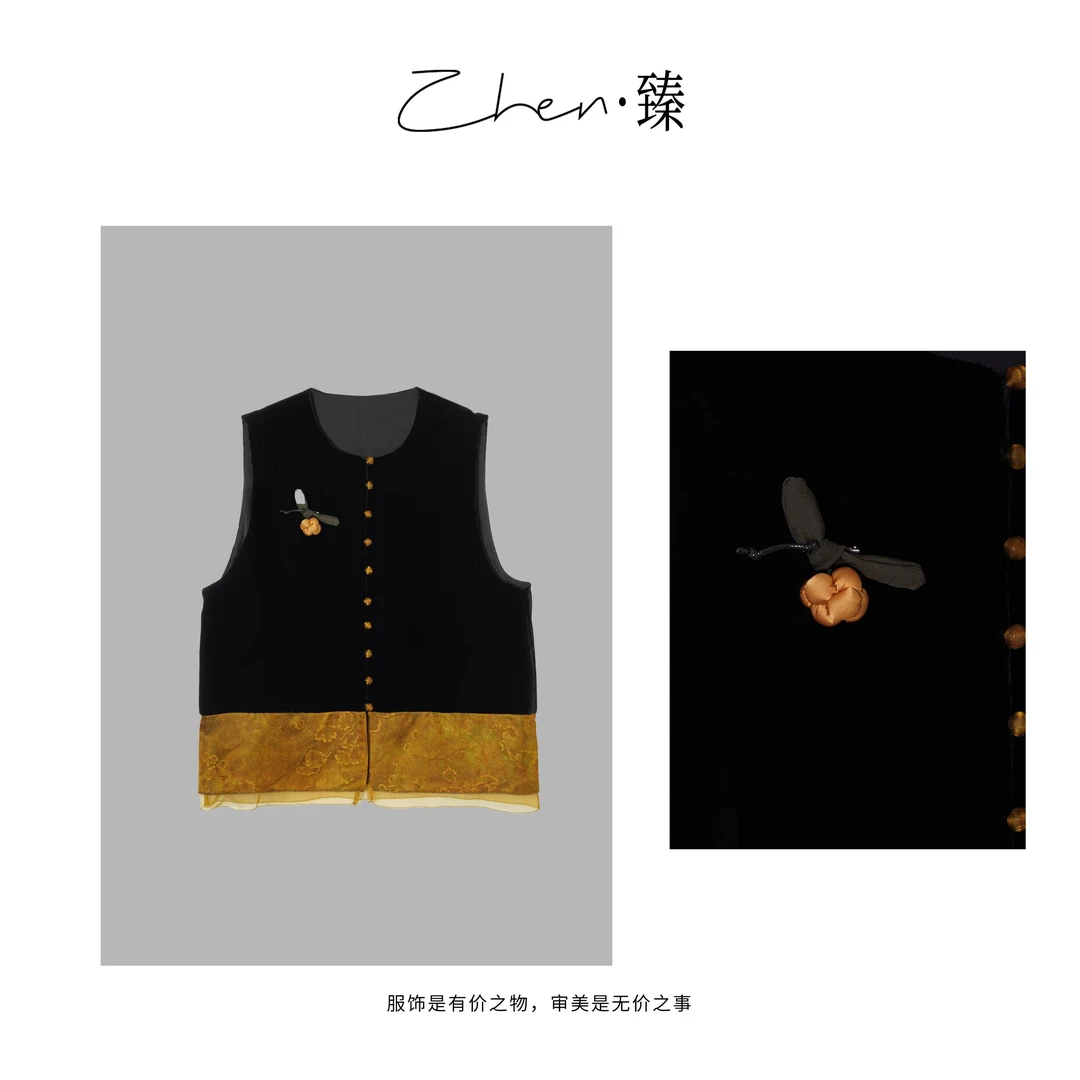 ZHEN.臻 新中式黄锦绸缎国风古法提花高档真丝丝绒马夹MJ8705Z