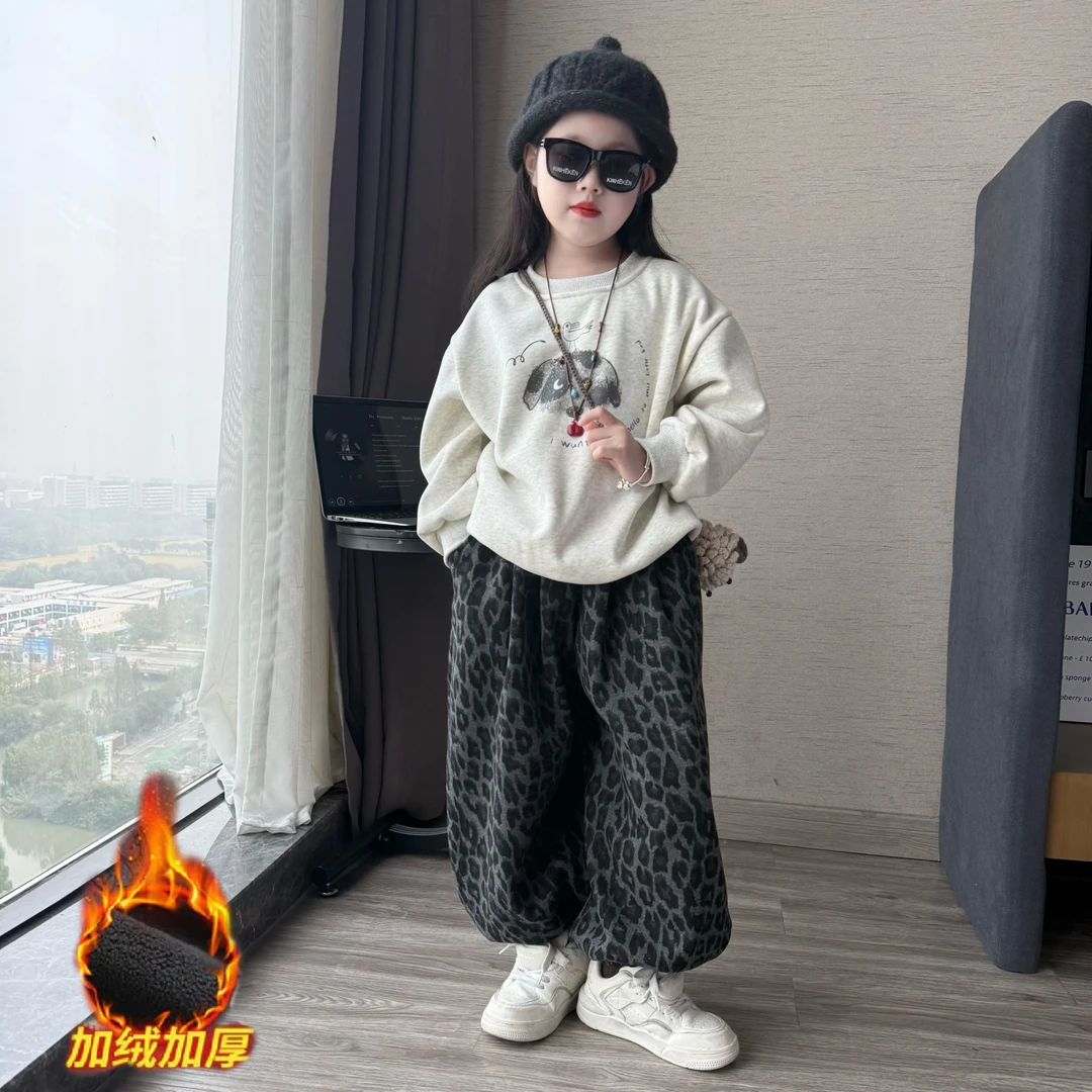 女童秋冬季韩版加绒加厚卫衣豹纹裤套装中大童时尚卫裤两件套潮