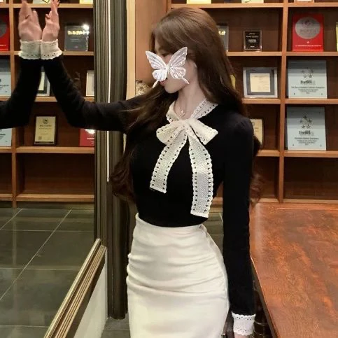 秋冬法式设计感修身显瘦气质蕾丝花边打底衫甜美别致上衣小香风蝴蝶结长袖内搭S码