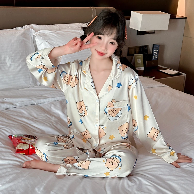 女童冰丝睡衣套装春秋季薄款长袖家居服2025新款中大儿童卡通套装