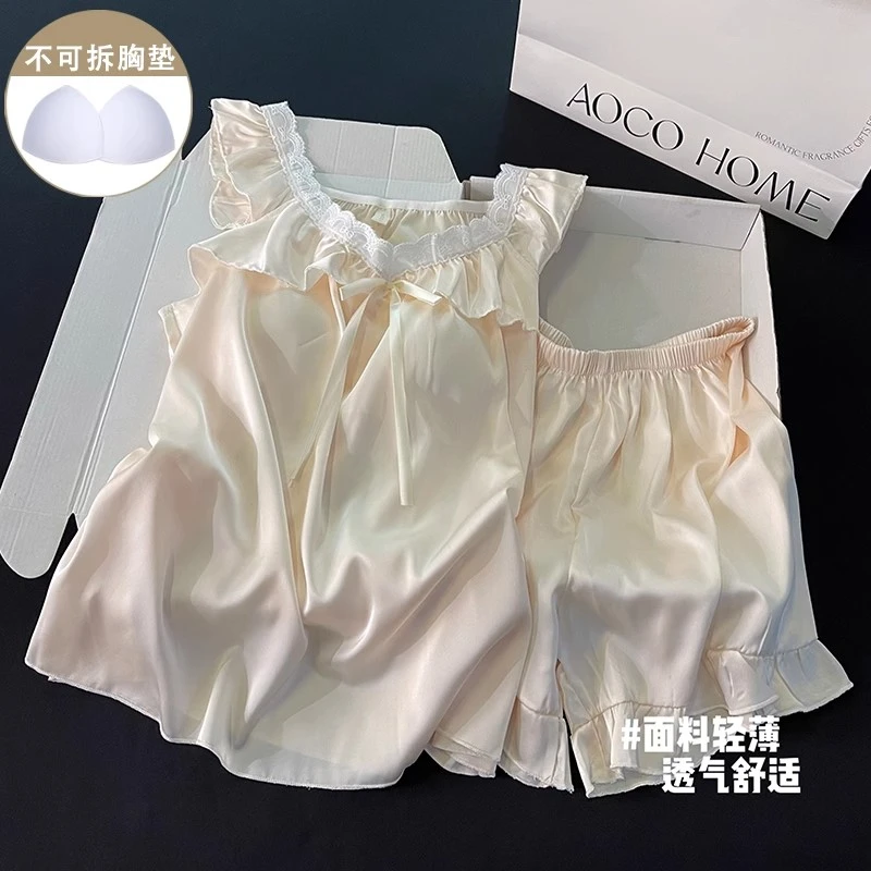 冰雪丝睡衣女夏季带胸垫吊带短裤甜美蝴蝶结花边公主风凉感家居服