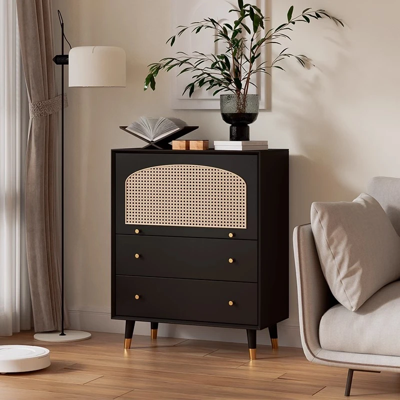 实木藤编斗柜客厅沙发边柜复古五斗柜黑色现代轻奢收纳储物抽屉柜