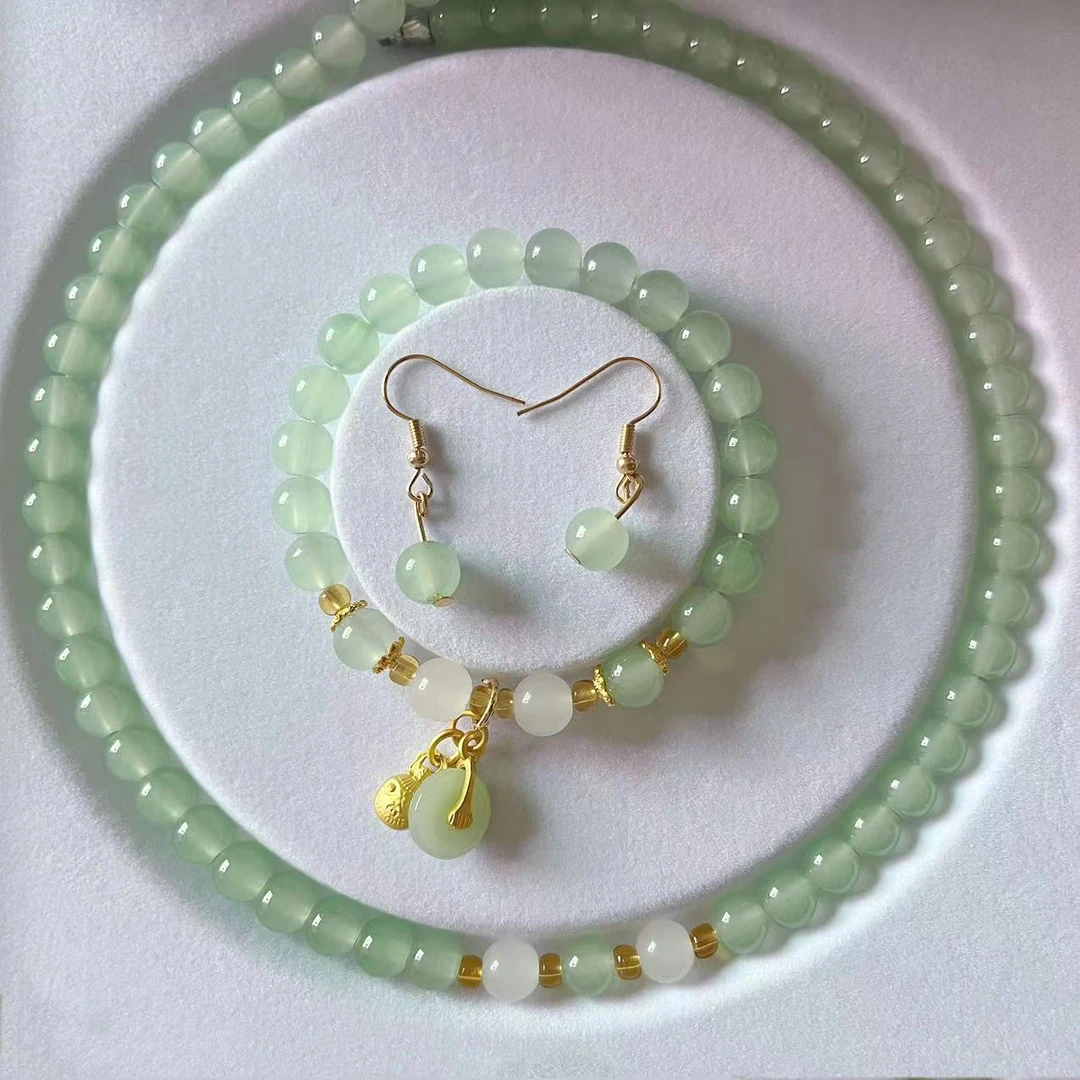 非金属玻璃项链 新中式新款圆珠妈妈套装国风项链饰品白色三件套