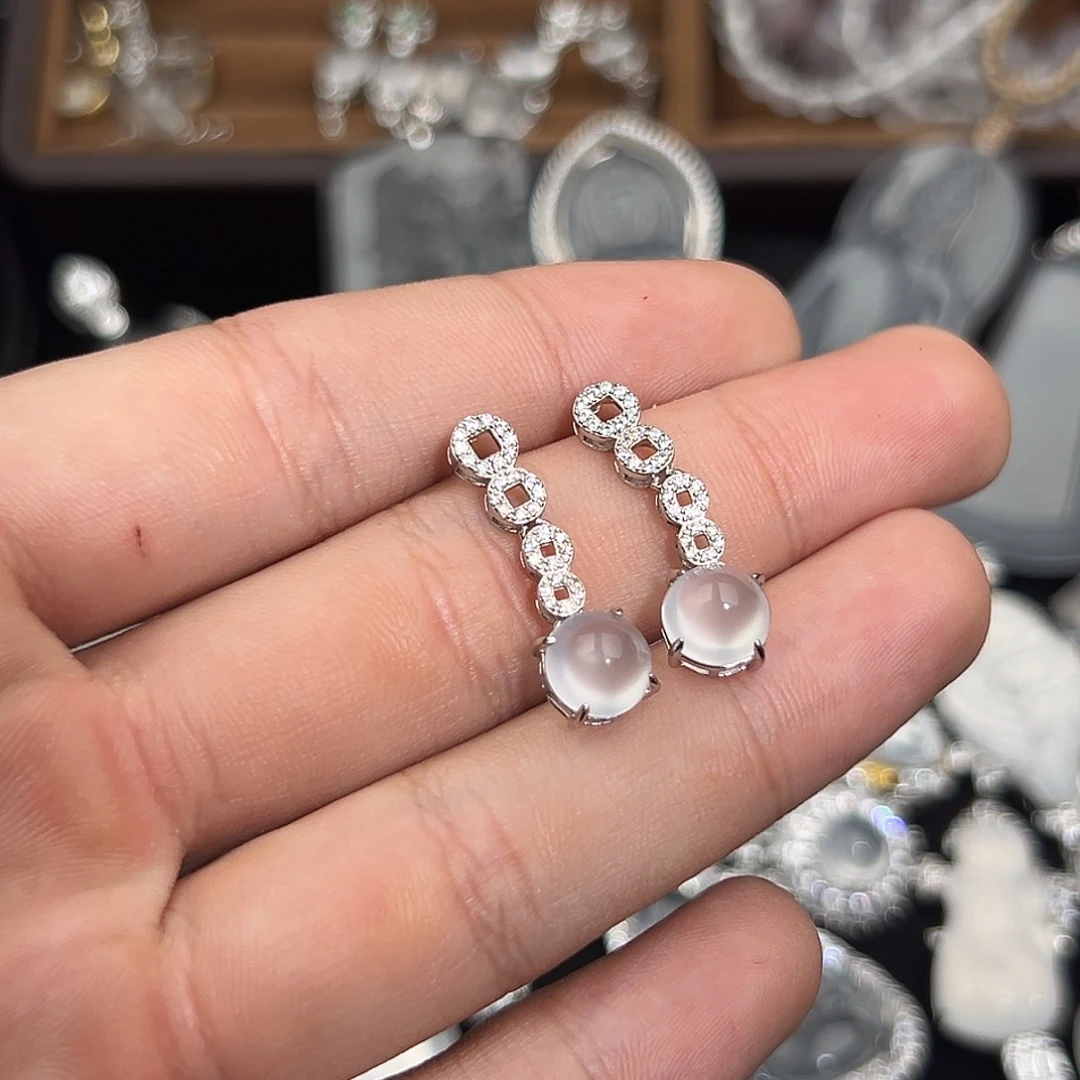 石英质玉银S925镀金镶嵌耳坠招财进宝蛋面耳坠