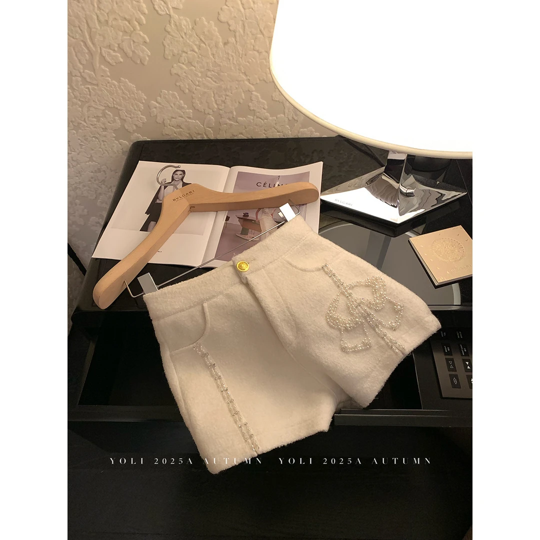 YOLI张宥利"云端漫步"杏色羊毛短裤女冬季高腰休闲百搭显瘦打底裤