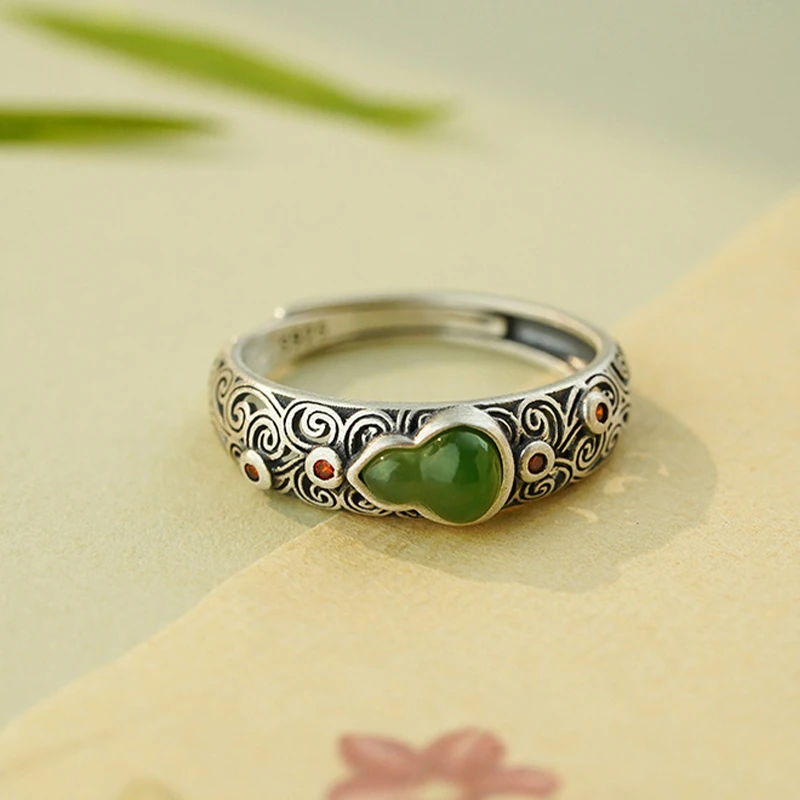 小银匠925银和田玉戒指女福禄时尚复古绿宫廷气质个性古典送礼物