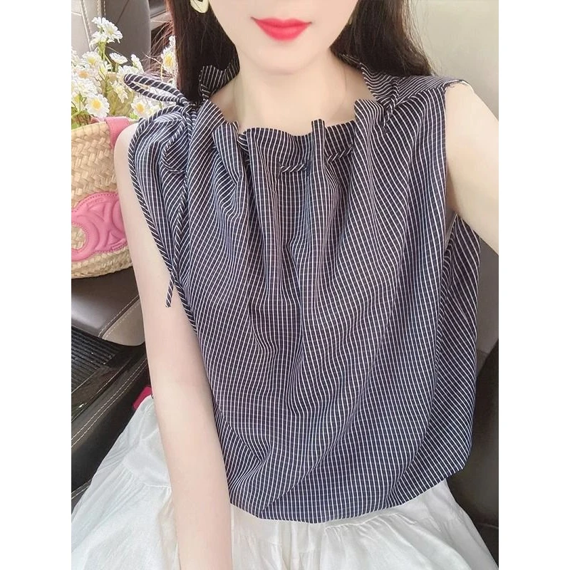 无袖设计感蝴蝶结系带宽松背心女2025年夏季新款气质洋气百搭上衣