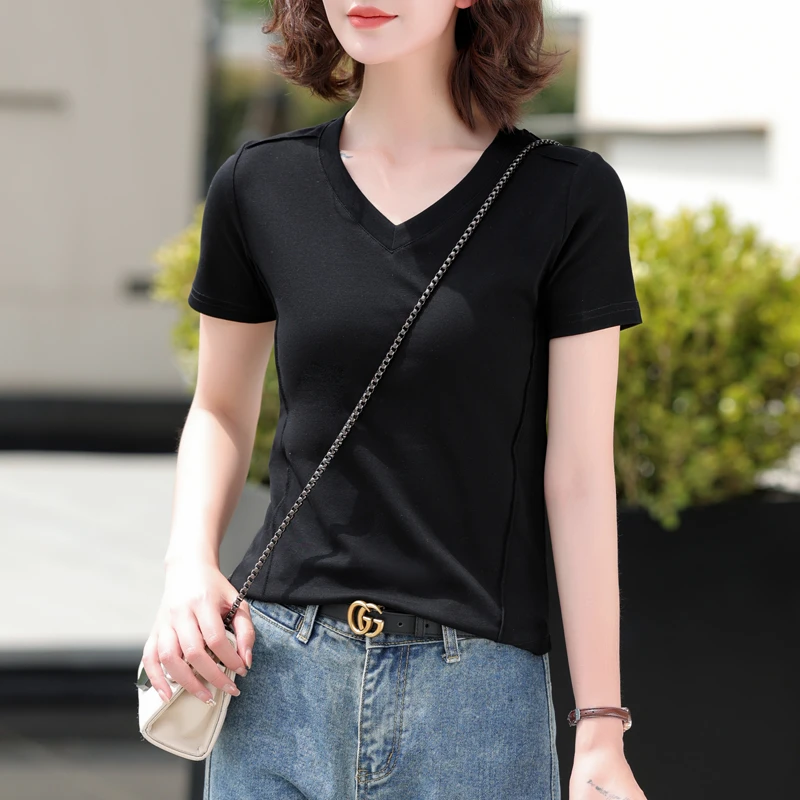 短袖纯棉T恤女简约风V领显瘦V领黑色夏装打底衫百搭夏季修身半袖
