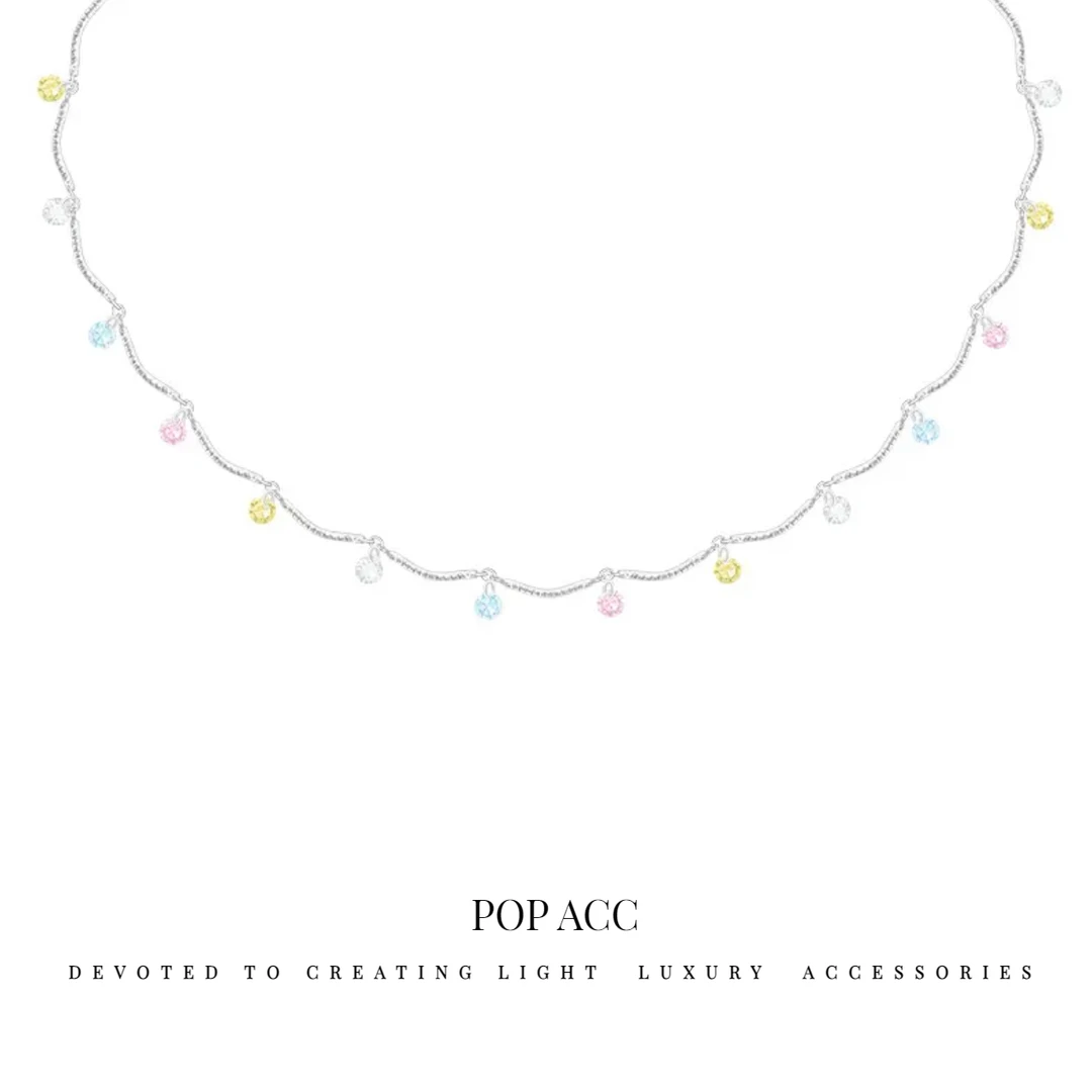 铜合金合成锆石项链 韩国彩虹多巴胺水滴造型精致款项链 0216