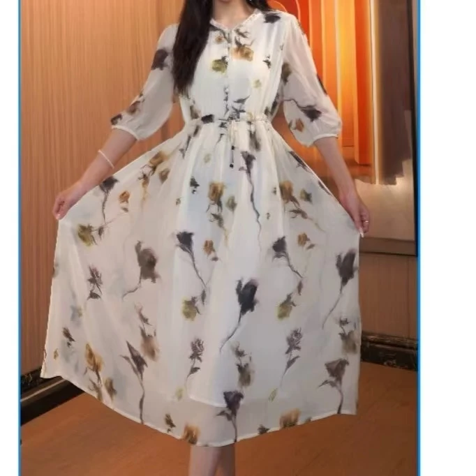 连衣裙女士收腰气质长款妈妈夏天大摆长裙度假风4-053