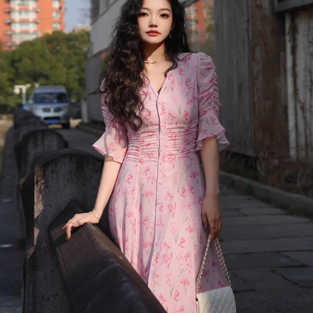 AMSSGIRD】2025夏季新款时尚碎花印花V领法式修身长裙拼接连衣裙