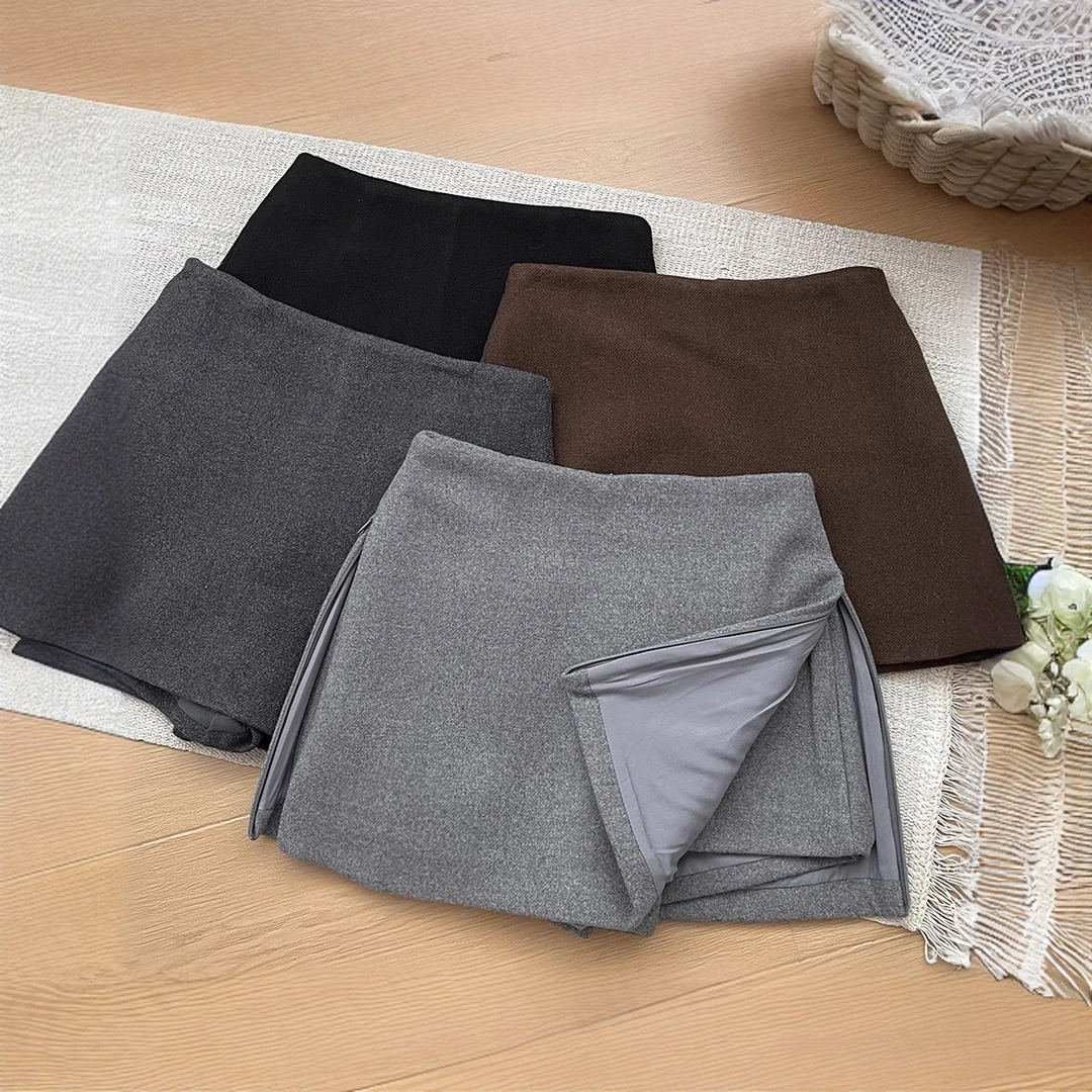 小个子显瘦侧开叉毛呢灰色半身裙2025新款春秋高腰裤裙百搭短裙女