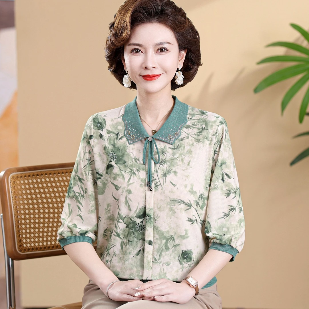 妈妈装春装T恤七分袖洋气小衫中老年女母亲衣服薄款碎花上衣春秋
