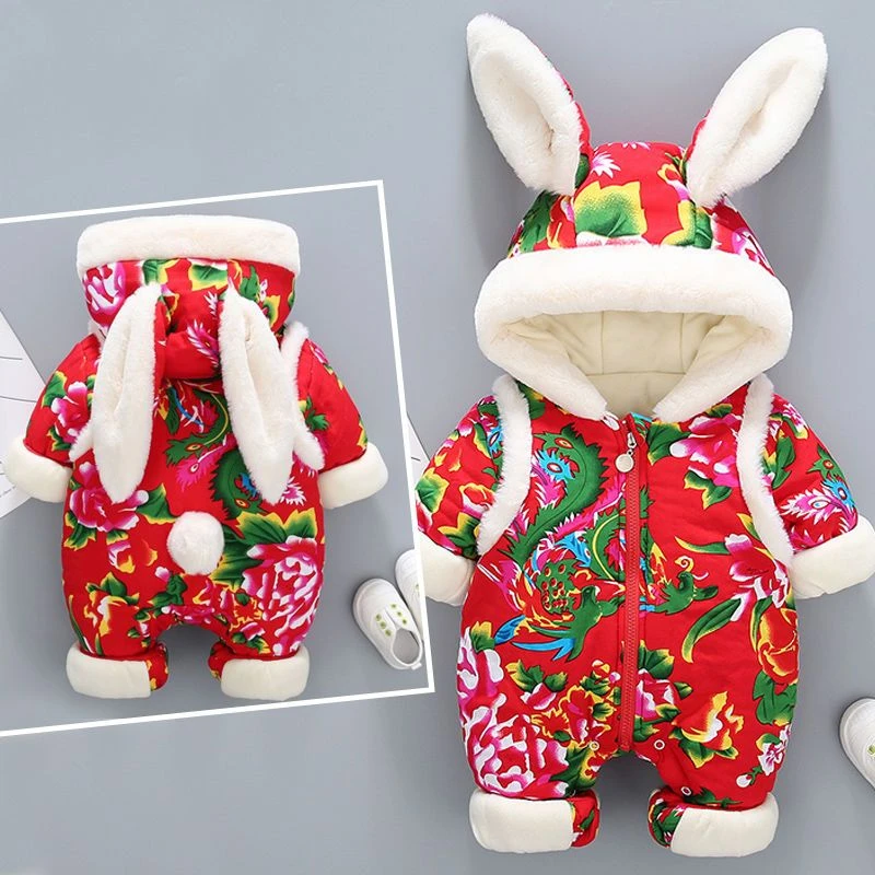 婴童哈衣加绒加厚爬服男女东北大花棉衣年服冬季宝宝连体衣外出服
