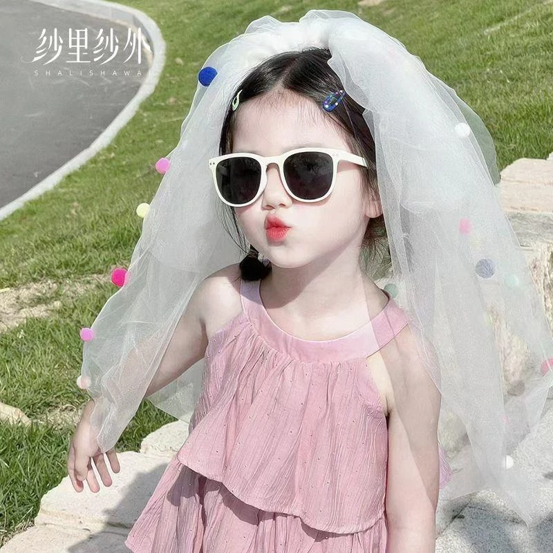 少儿多巴胺头纱女童彩色球球公主拍照道具新娘结婚头饰小女孩宝宝