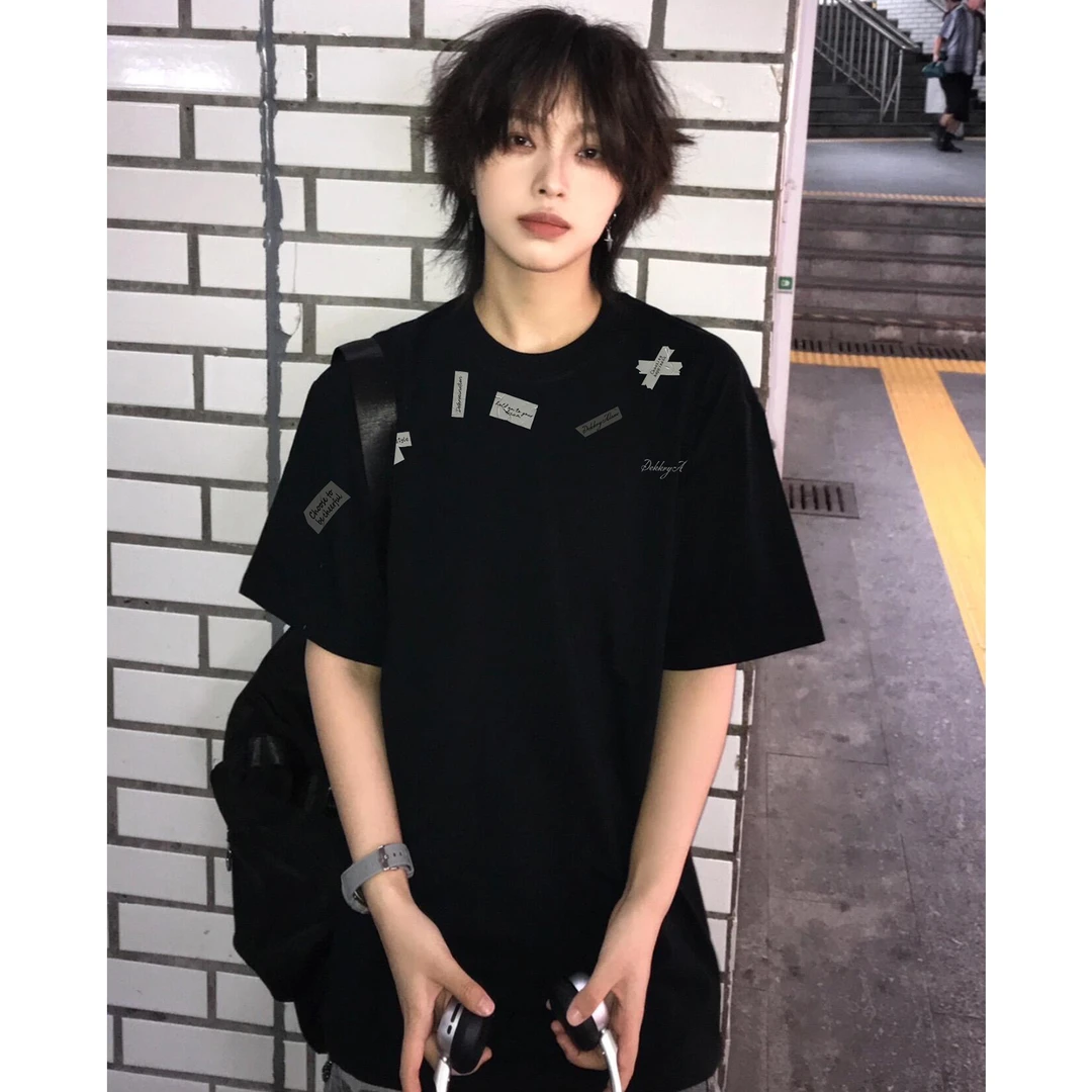 100%纯棉美式个性胶带字母印花休闲短袖t恤男女夏季百搭情侣上衣