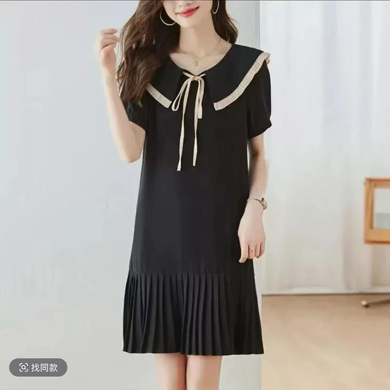 【W5663海军领】休闲时尚百搭洋气2025夏季新款短袖中长款