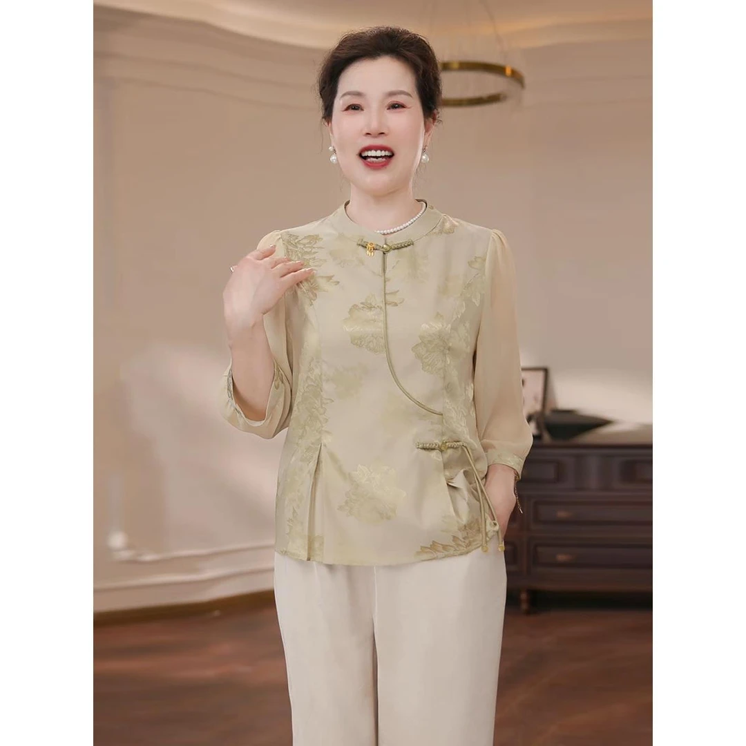 新中式国风纱袖小衫套装2025新款洋气妈妈装减龄显瘦时尚百搭上衣