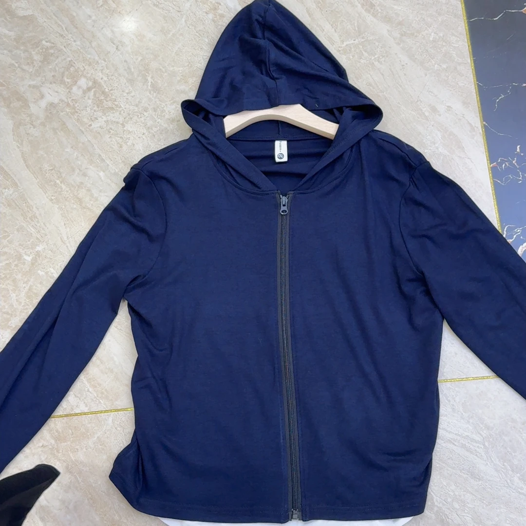 2806-1连帽透气长袖纯色修身型短外套带帽针织休闲时尚蓝色