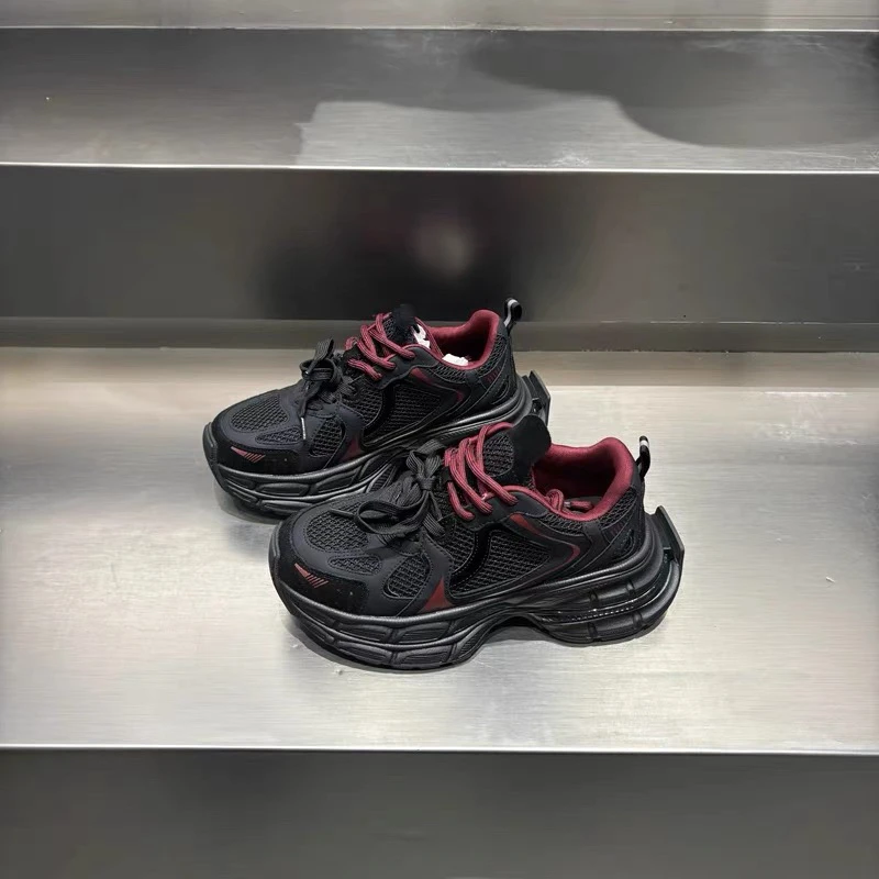 6-851真皮厚底增高老爹鞋女新款双鞋带拼色透气休闲运动鞋D7