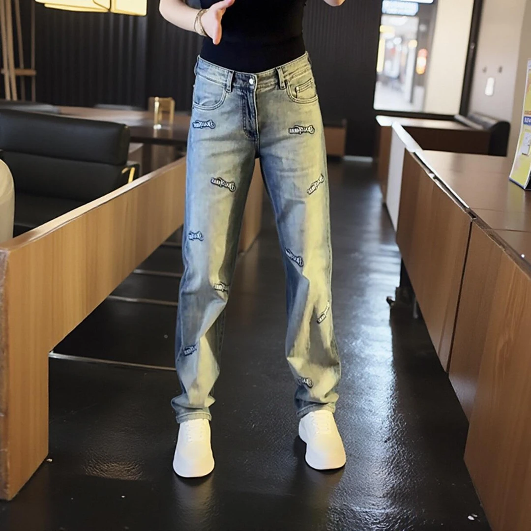 轻奢男装大码潮牌男士时尚新款高级感字母显瘦牛仔裤直筒休闲长裤