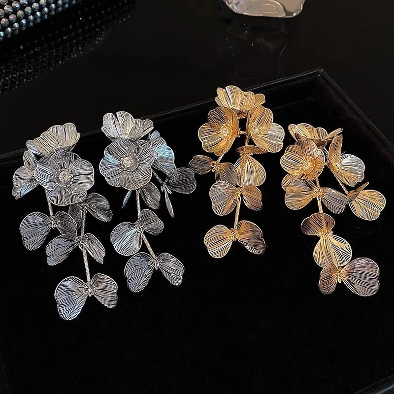 合金耳饰 复古新中式金色流苏花朵耳环个性夸张高级感长款耳坠
