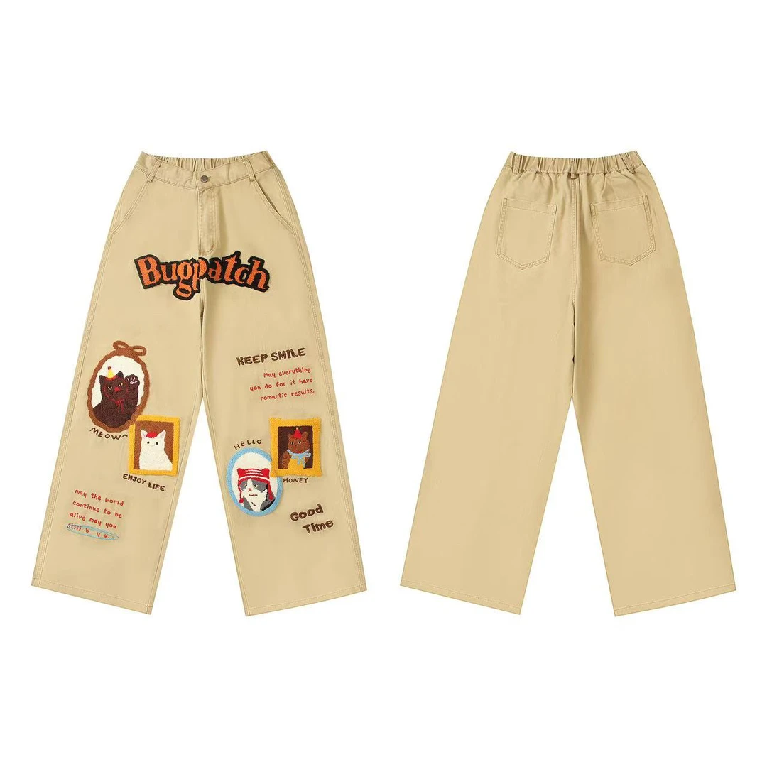 直筒复古刺绣猫猫裤