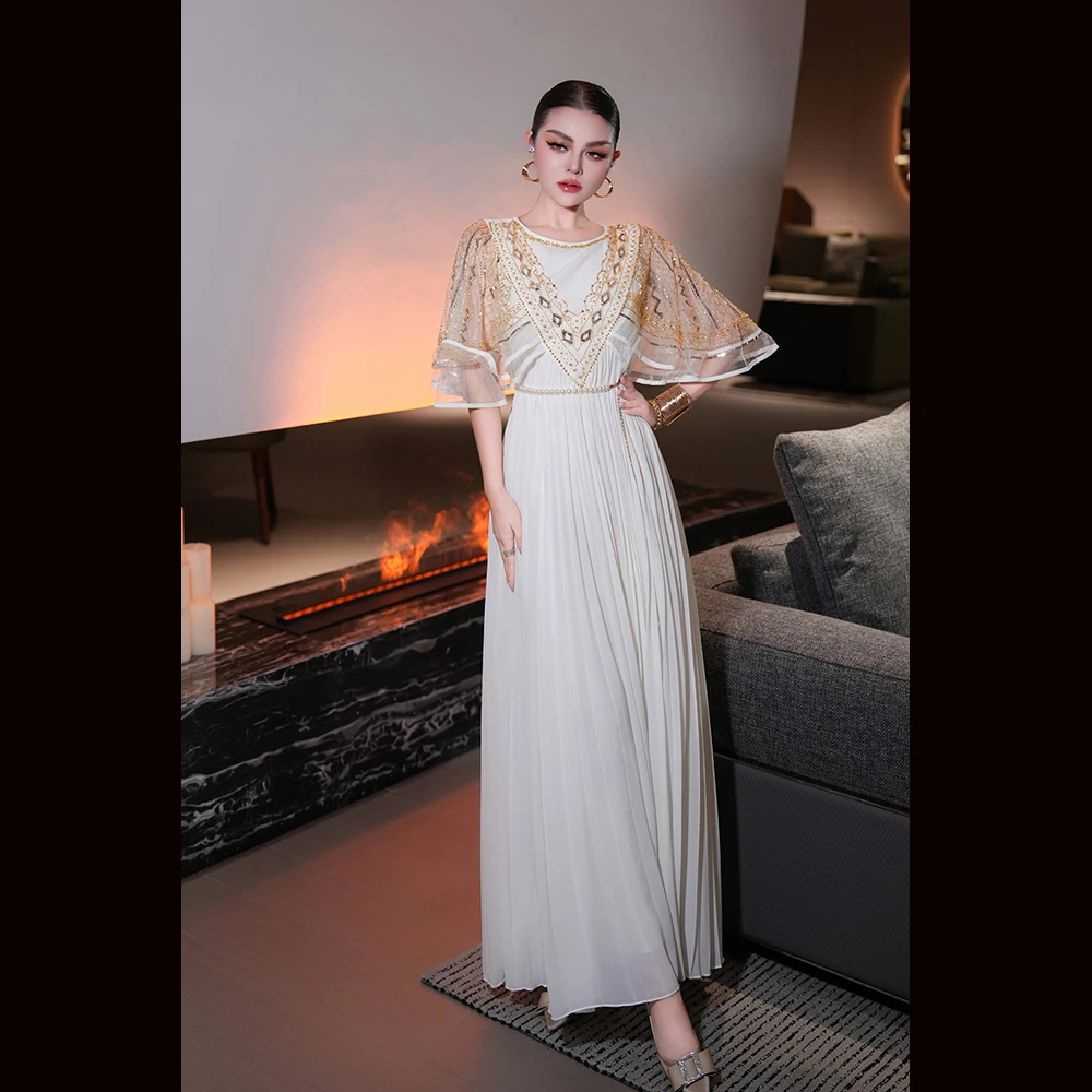 高级感重工精致网纱绣珠片压褶大摆蝙蝠袖连衣裙长裙宴会伴娘聚会