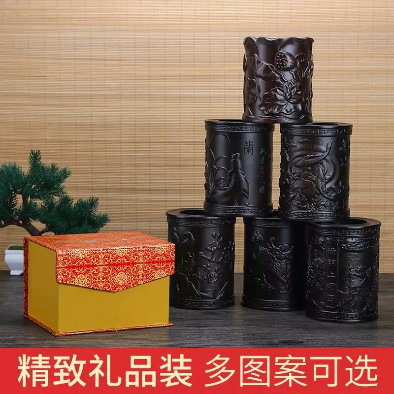 红木笔筒工艺品摆件木雕刻实木紫檀红酸枝黑檀木质荷花笔筒精致