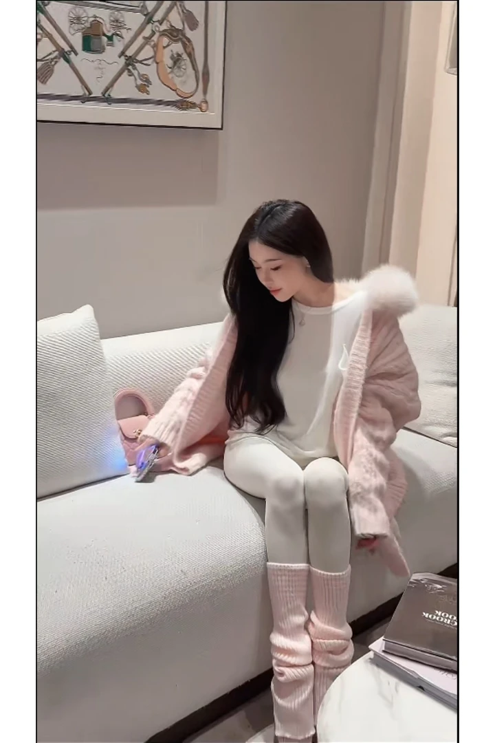 法式纯欲外套厚连帽显瘦开衫针织大衣大毛领