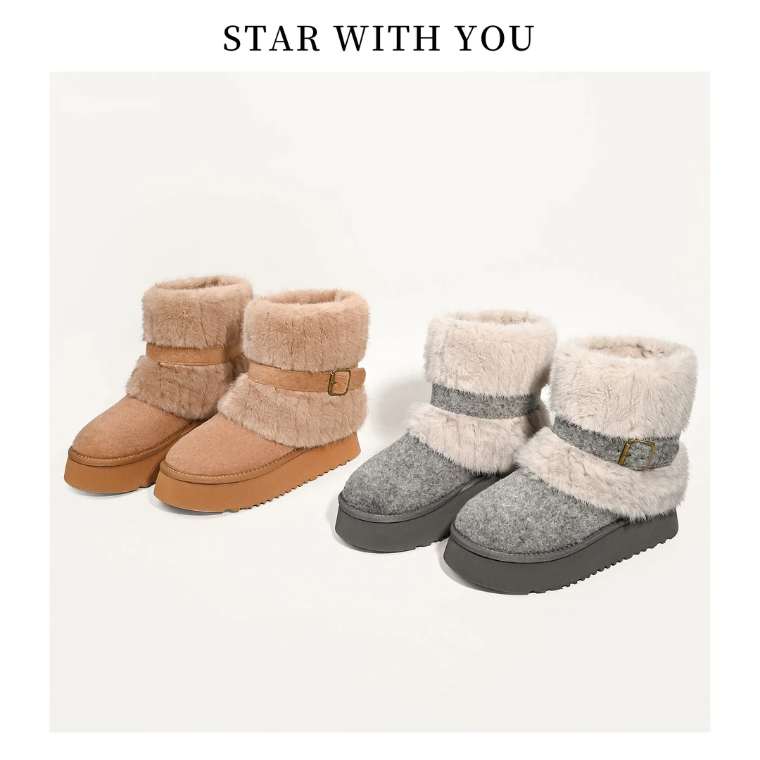 【STAR】新款加绒厚底休闲百搭保暖翻毛毛中筒小众保暖雪地靴4cm