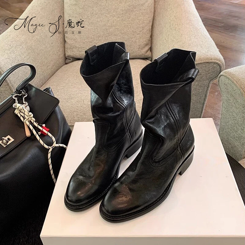 〖万达撤柜〗英伦风尖头口粗跟西部靴女秋冬新款复古中跟百搭中筒