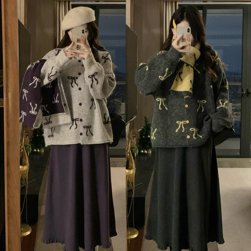 【一叶知秋】胖mm软糯保暖甜妹宽松蝴蝶结毛衣开衫针织裙约会两件套