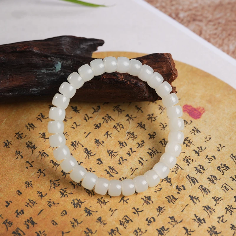 新疆和田玉 于阗老坑冰底白玉极限弧卡6-7手串多样性发一件