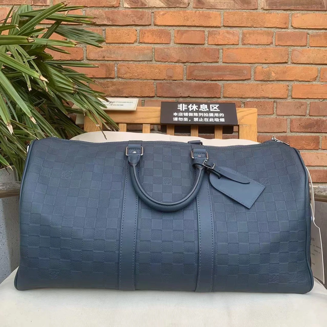 95新 LouisVuitton/路易威登 上新Keepall全皮45蓝色棋盘格旅行袋